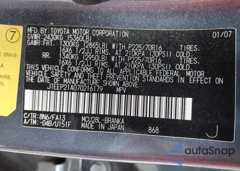 2007 Toyota Highlander V6 z USA, uszkodzony, nr VIN JTEEP21A070216179